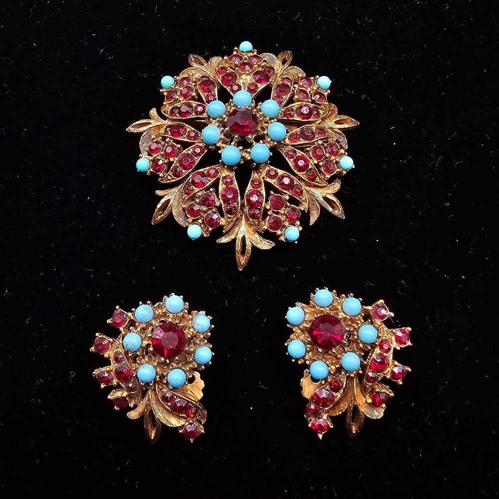 Vintage Florenza Victorian Revival Brooch Earring Set Gold Tone Signed 1960s